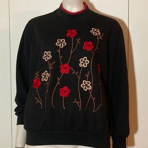 BonWorth Mock neck Black Sweatshirt Red Brown Embroidery Flowers Petite Medium